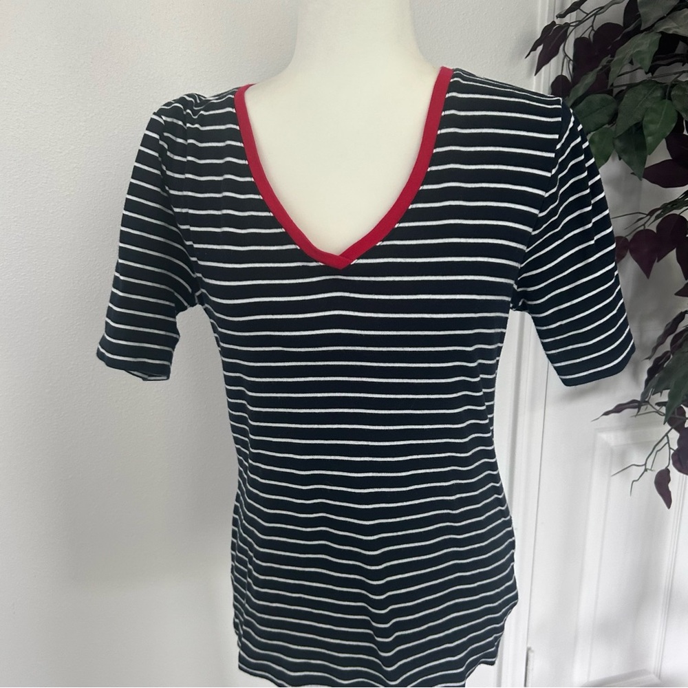 Womens Tommy Hilfiger Sz L Blue & White Striped Short Slv V-Neck Top
#0151